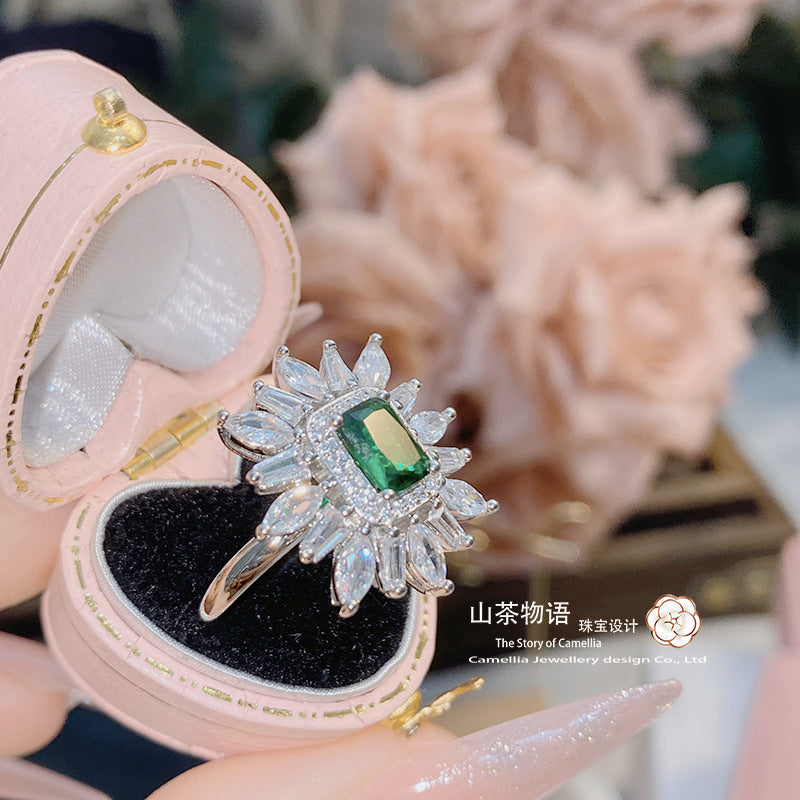 Camellia塞纳河畔浅海蓝宝石戒指女 Vintage镀金微镶锆石花梦指环