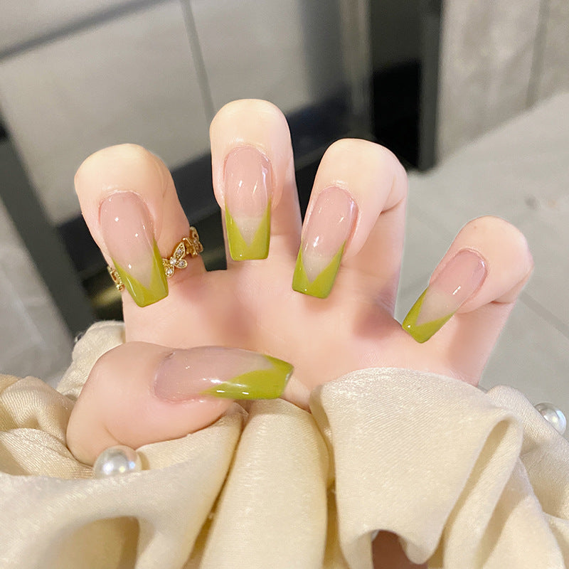 嫩芽绿v字法式牛油果穿戴甲指甲贴片美甲片假指甲美甲贴成品甲片