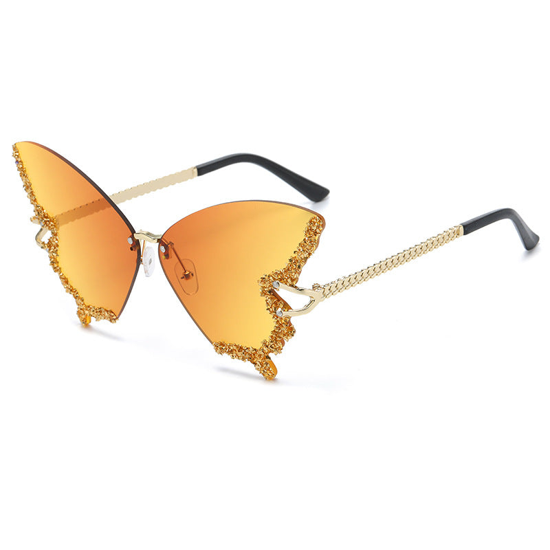 Women's fashion glasses 新款跨境大框蝴蝶镶钻无框太阳镜女ins时尚个性拍照墨镜夸张舞会