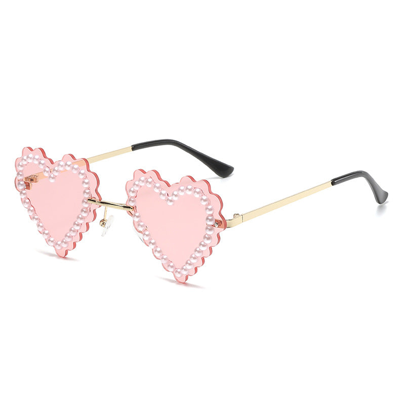 Women's fashion glasses 欧美新款无框切边镶珍珠爱心太阳镜网红街拍墨镜跨境水钻潮眼镜
