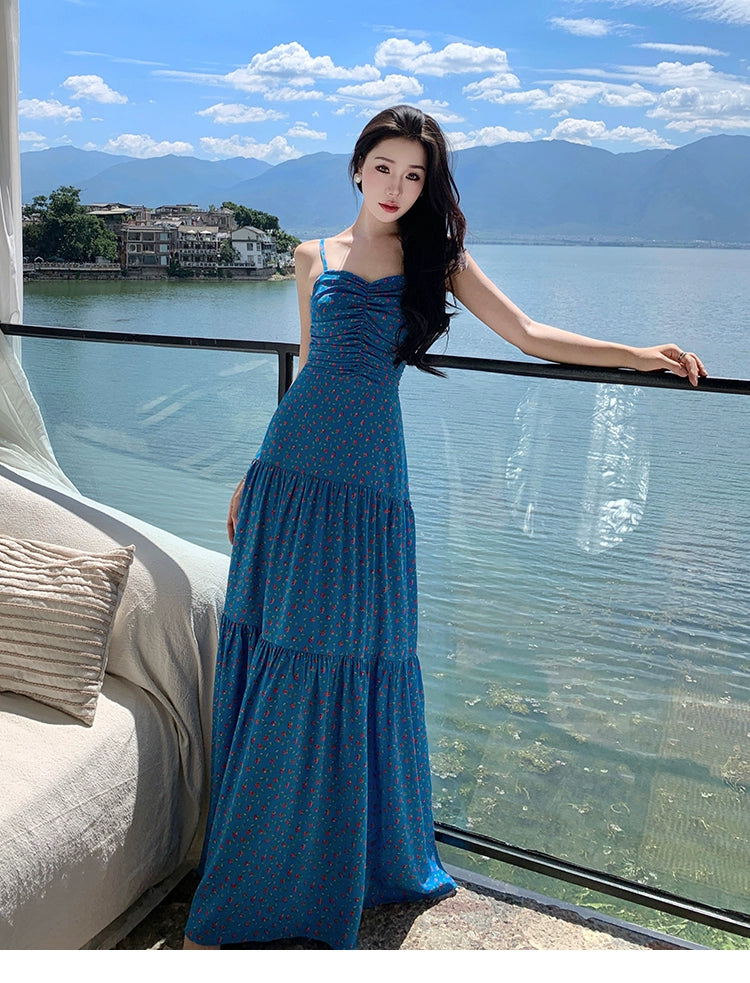 Fashion women's wear off-Shoulder Spaghetti Straps Dress Women's Summer Sanya Seaside Holiday Beach Skirt Floral Backless Waist Trimming Ankle-Length Dress