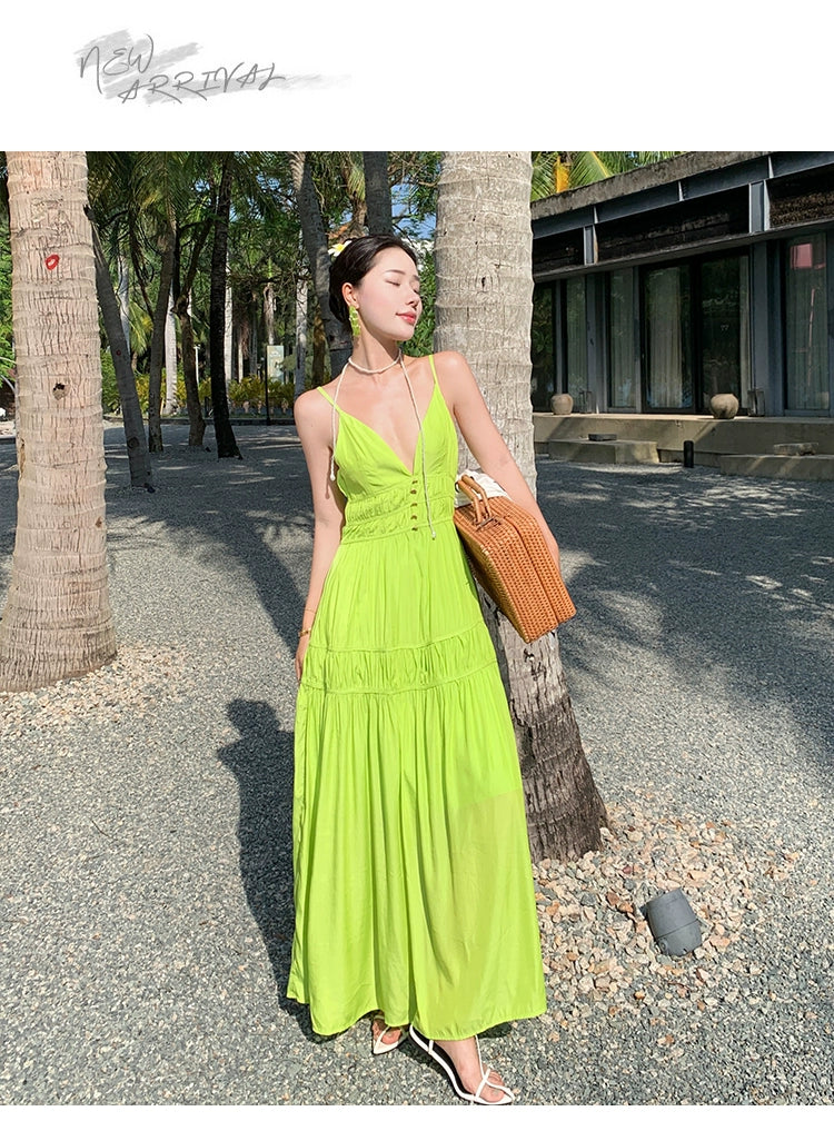 Fashion women's wear Summer Dopamine Seaside Vacation Deep V Dress Green Suspenders Ankle-Length Dress Sanya Slimming Beach Skirt Female