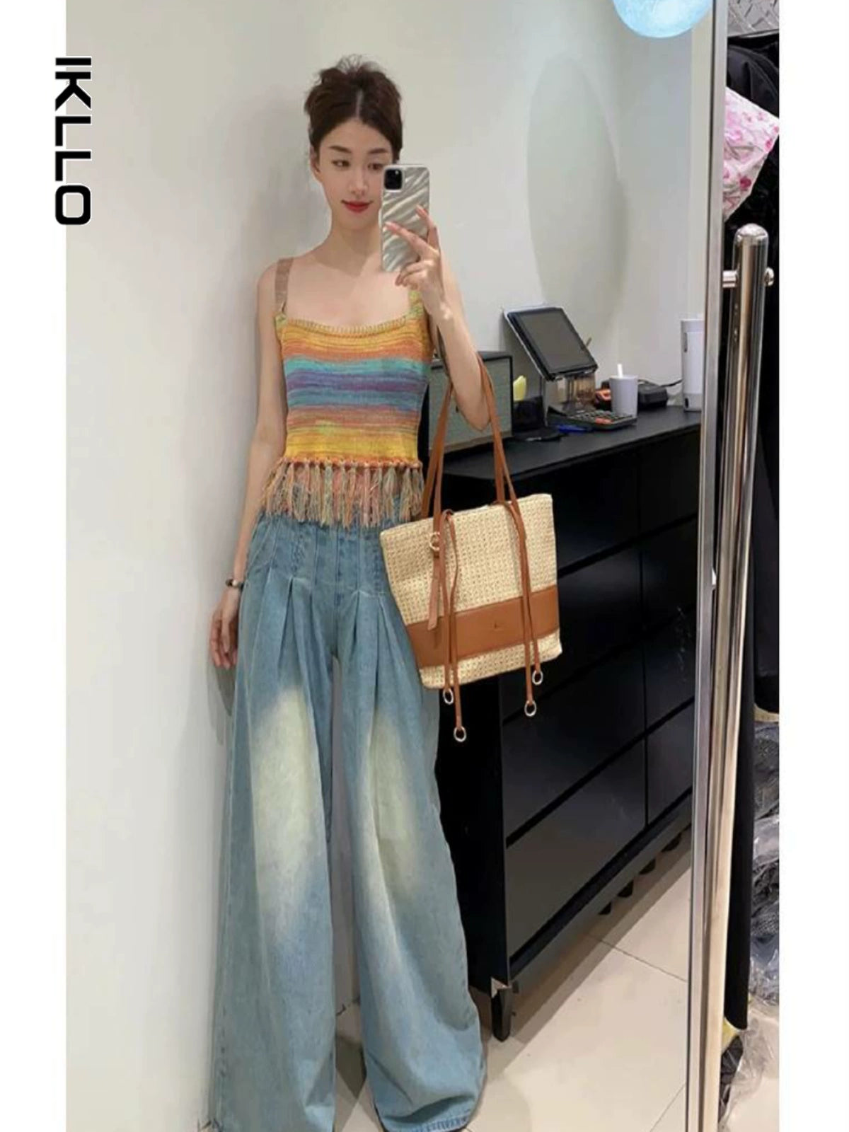 Fashion women's wear Summer New Women's Seaside Holiday Rainbow Color Strap Dress Classic Style Set Matching Age-Reducing Suit Skirt