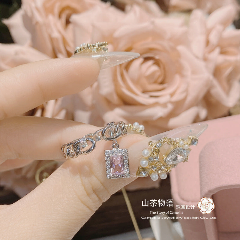 Camellia小众设计港风百搭少女指环 镀18k金璀璨锆石方块活口戒指