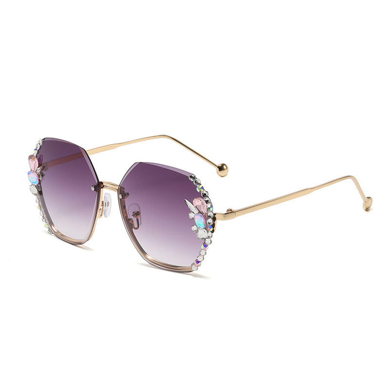Women's fashion glasses 欧美跨境大框镶钻太阳镜无框防晒防紫外线水晶墨镜女大脸显瘦