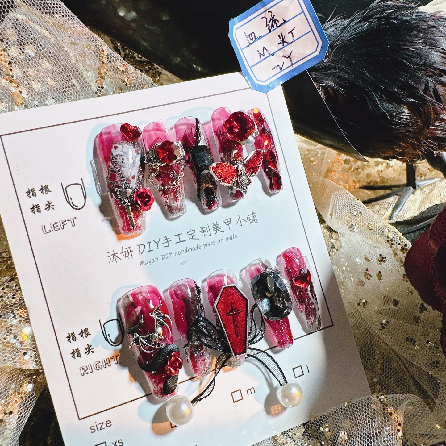 (Hand-Made Nail) Yanyan Handmade Nail Real Shot Dark Vampire Nail Beauty Blood Style Super Cool Crochin Hot Girl Personalized Wear Nail