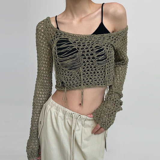 Fashion women's wear  Women's Clothing 2024 New Woolen Blouse Broken Hole Design Sexy Hot Girl Style Short Long Sleeve Top Wholesale