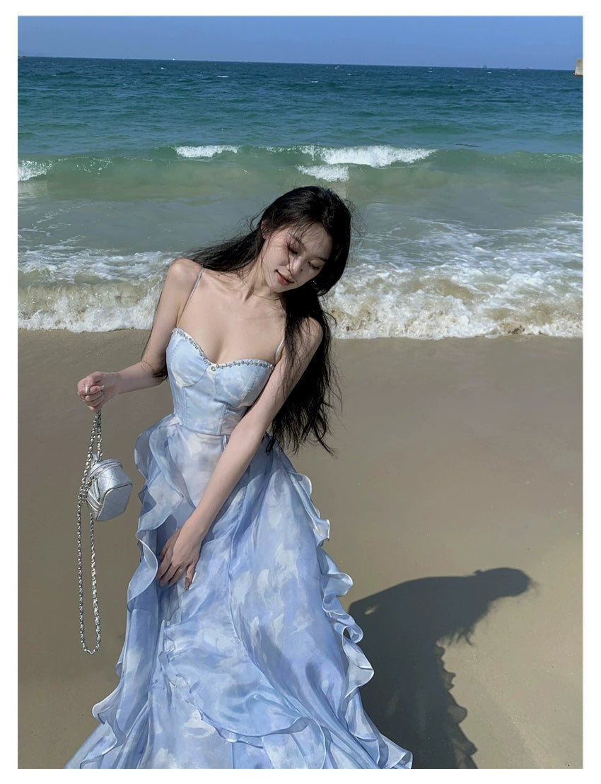 Fashion women's wear Phantom Fairy Seaside Vacation Elegant Beach Dress Ruffled Escape Princess Skirt Summer Sling Dress
