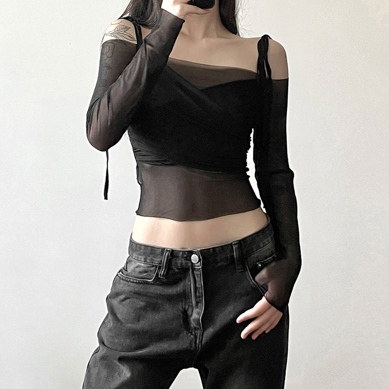 Free shipping Tattoo European and American style 2024 summer new women's clothing Spice Girl one-word collar shoulder sleeves long sleeves waist open button slim T-shirt tops