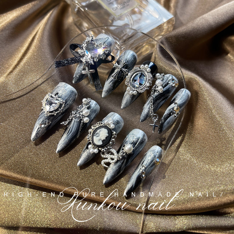 Hand-Made Nail Factory Straight Hair High-End Heavy Industry Dark Black National Style Lolita Long Nail Handmade Manicure