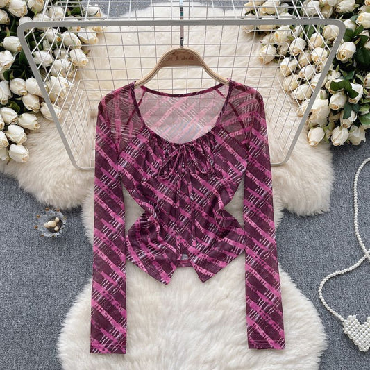 Dopamine tops Free shipping Tattoo Sweet and cool Spice Girl Style Tulle Floral Shirt Women's Autumn Strap Exposed Navel Design Sense Skinny Unique Pure Desire Top Trend