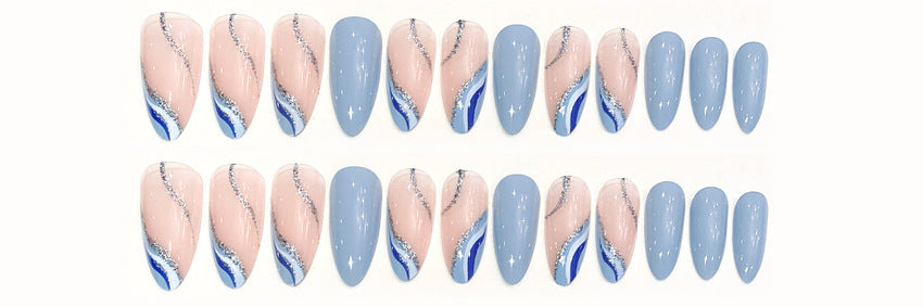 Fashion  nail Almond Simple Corrugated Sea Blue White Color Matching French Spring and Summer New Fresh Pure Want to Wear Nail Polish Piece W12