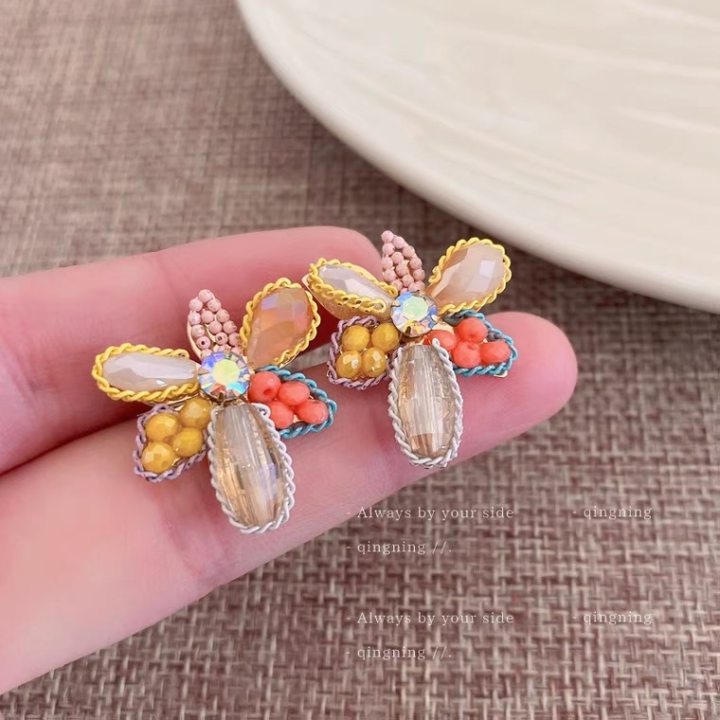 银针珍珠水晶几何耳环法式复古轻奢耳钉中古时尚宫廷风耳饰批发女