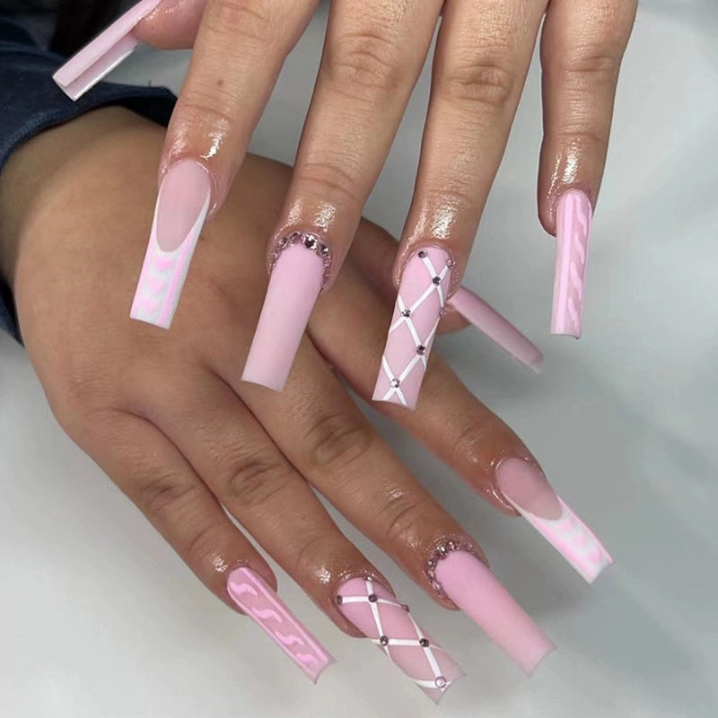 (Hand made nail) European and American Spicy Girl Super Long Instagram Dark Small Stand Retro Trapezoidal Shining Diamond Beauty False Nail Patch Detachable Wearable Nail
