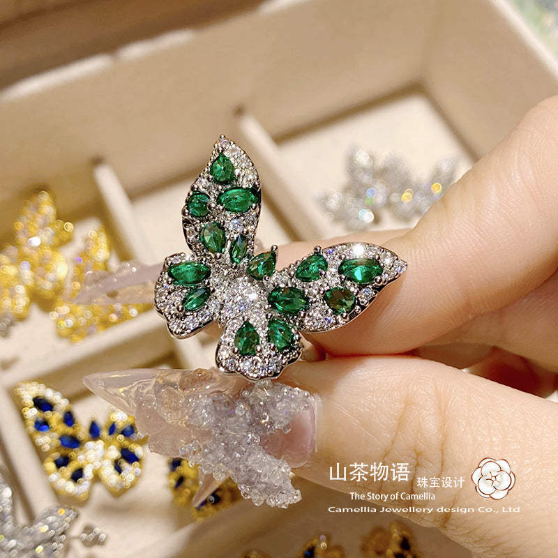 山茶欧美重工满钻精致高级感吊坠戒指耳钉 镀金立体蝴蝶气质套装