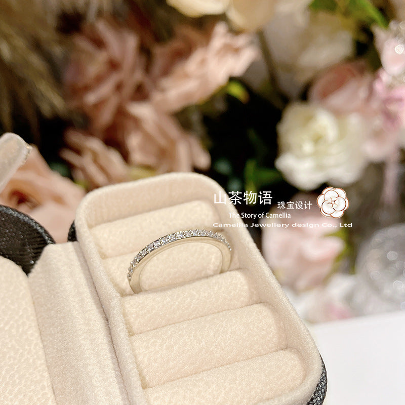 山茶韩版新款小众窄款细闪排钻戒指女 镀18K金极简轻奢冷淡风指环