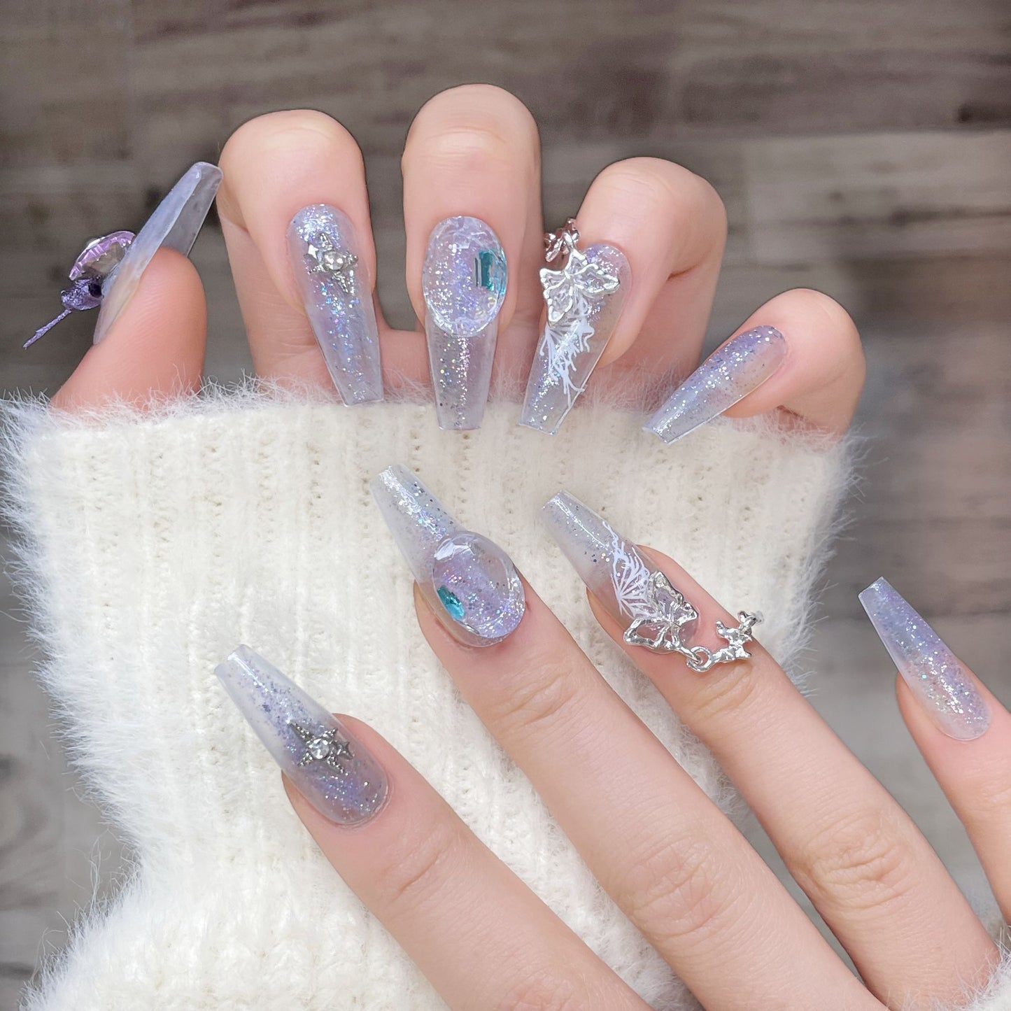 (Hand-Made Nail) [Original Real Shot] Butterfly Romantic Pink Purple Pure Desire Light Luxury Crystal Thin and Glittering Pure Handmade Wear Armor Can Be Repeated