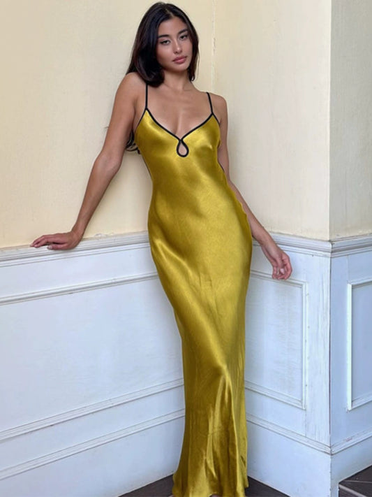 Fashion women's wear High-Grade Solid Color Satin Sling Dress Special-Interest Design French Style Temperament Hot Girl Seaside Vacation Slim Fit Long Dress