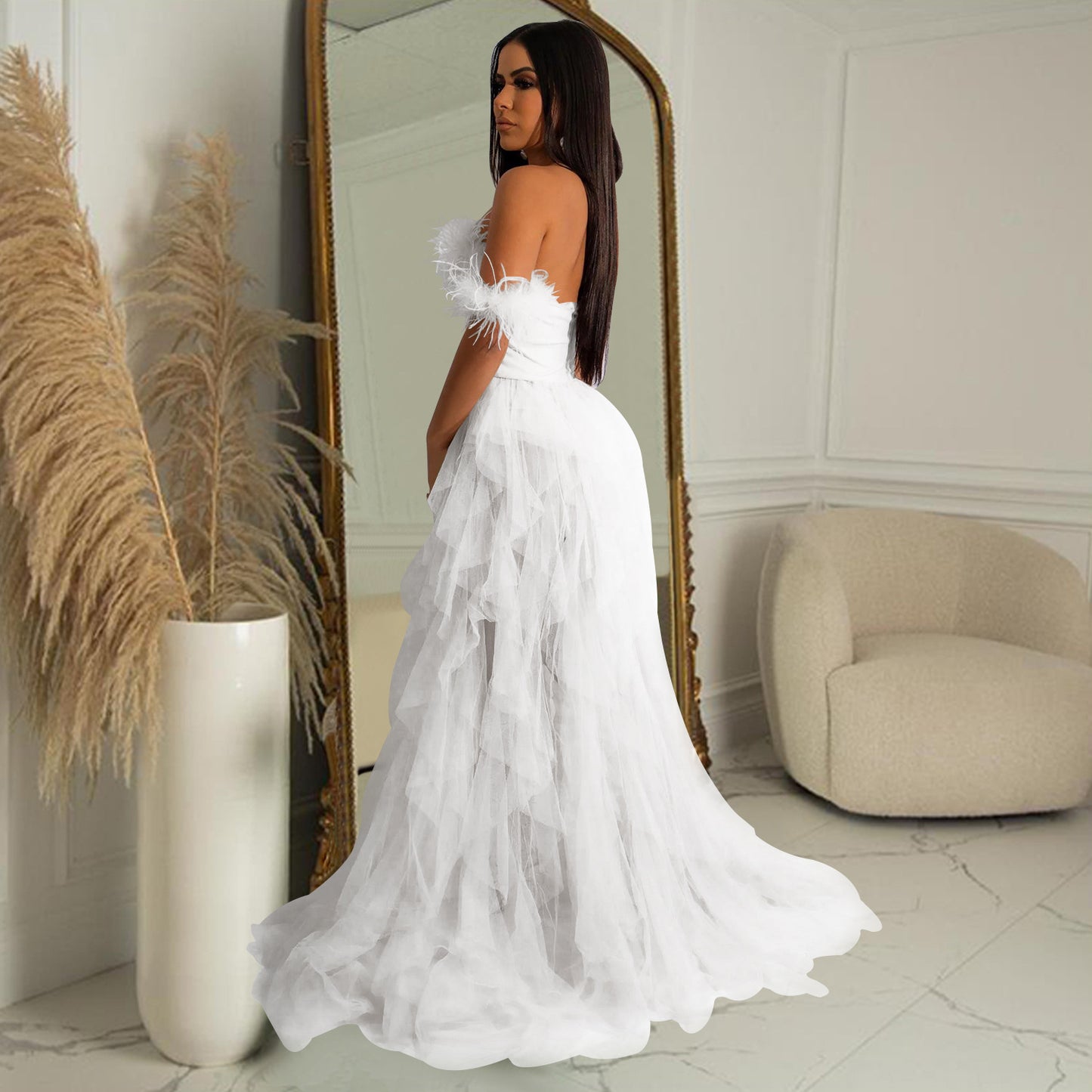 Fashion women's wear X6223 Cross-Border  Fashion Women's Wear Solid Color Sleeveless Chest Wrap Mesh Long Dress Dress