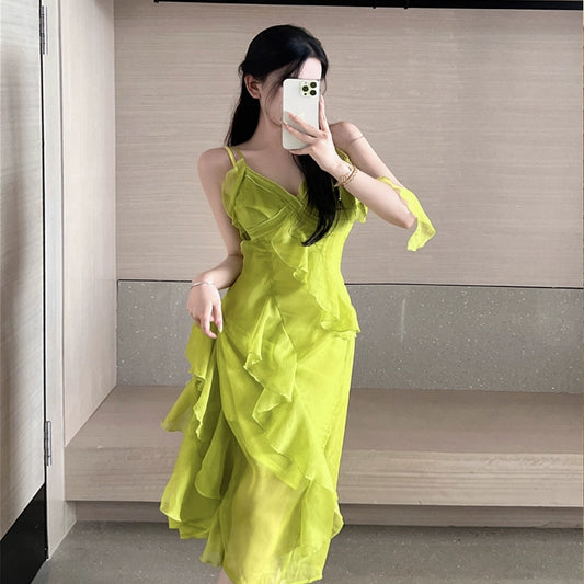 Fashion women's wear Tea Break Is Very Beautiful Spaghetti-Strap Ruffle Dress Design Sense Niche Super Fairy Two-Piece Suit Vacation Fairy Long Skirt