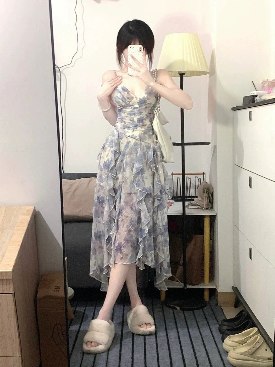 Fashion women's wear Floral Dress Women's Summer French Style High Sense Temperament Long Dress Tight Waist Seaside Vacation Small Suspender Dress