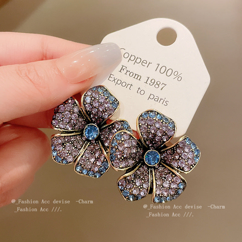 中古银针镶钻花朵几何耳环复古夸张设计感耳钉小众时尚耳饰批发女