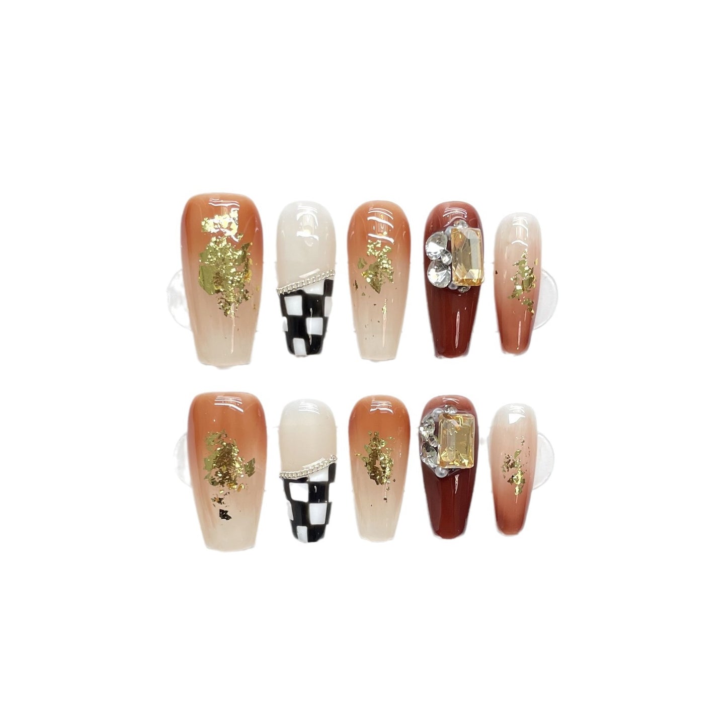 (reusable nail)[Amber Autumn Tea] Wearing armor, high-end niche chain, hand drawn chessboard pattern, pearl whitening, fake armor piece, medium length style