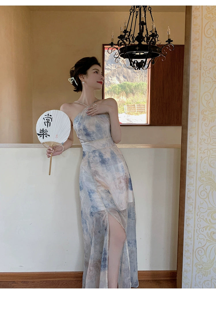 Fashion women's wear Chiffon Niche Sleeveless Split Halter Spaghetti Straps Dress Retro Hong Kong Style Tight Waist Seaside Vacation Dress Beach Dress