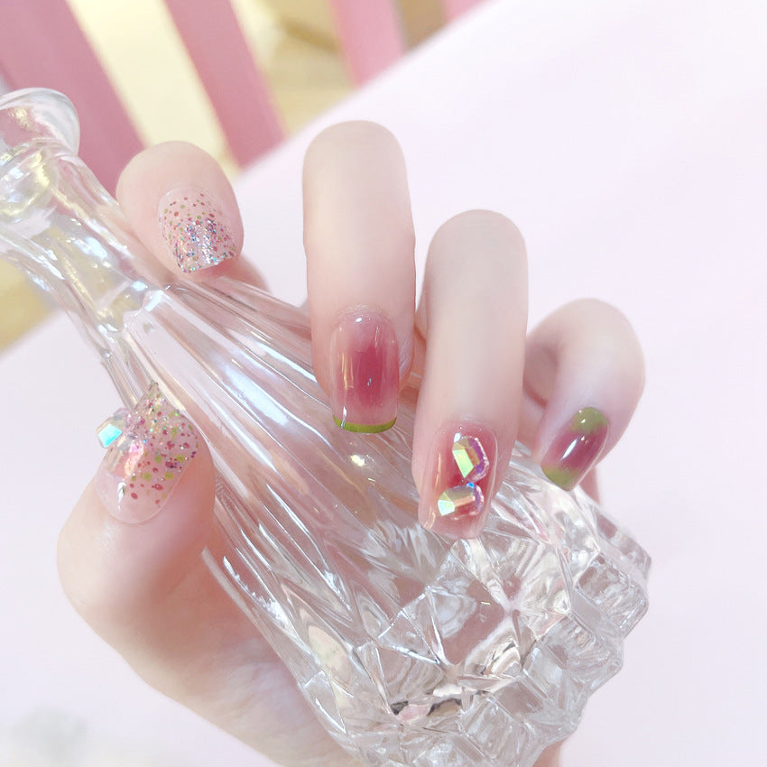 Fashion  nail Internet Celebrity Fake Nail Patch Wear Armor Finished Product Nail Tip Blush Cube Sugar Drill Nail Stickers Disassembly Nail Patch Y57