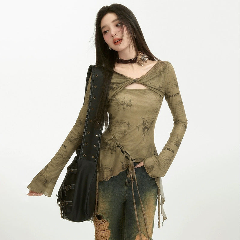 Free shipping   New Vintage Long Sleeve Kink Lace Up Irregular Slim Women's tops