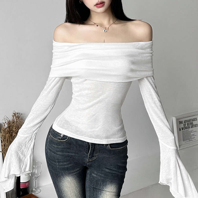 Free shipping Tattoo European and American style 2023 cross-border summer new women's clothing solid color slim fashion one-word collar sexy backless long-sleeved T-shirt tops