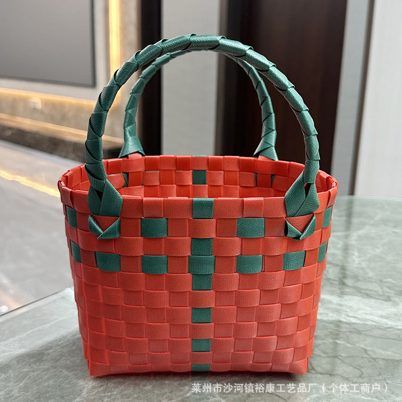 Dopamine Bag Free shipping Tattoo Cartoon dopamine plastic woven bag, trendy macaron hand-woven vegetable basket bag, cute casual seaside beach bag