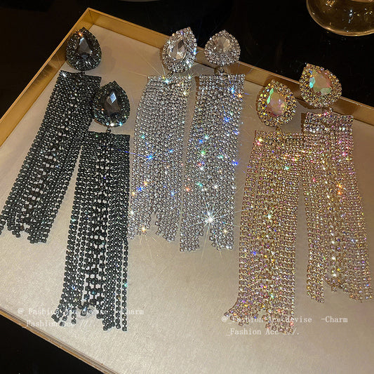 银针镶钻金属长款流苏耳环欧美时尚夸张耳坠小众高级感耳饰批发女