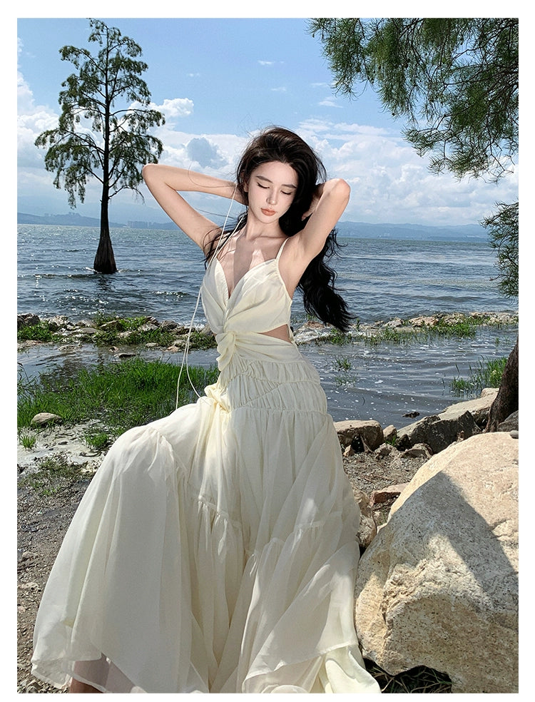 Fashion women's wear Tea Break French Advanced Sexy Backless Spaghetti Straps Dress Fairy Lady Super Fairy Gorgeous Seaside Vacation Beach Dress
