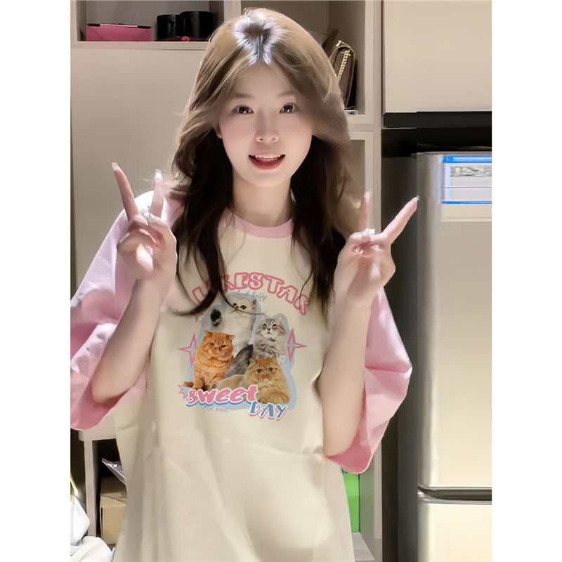 Dopamine tops Free shipping Tattoo 100Kg cotton pink shoulder-plugged short-sleeved t-shirt girlfriend outfit summer female college student dopamine loose and thin top