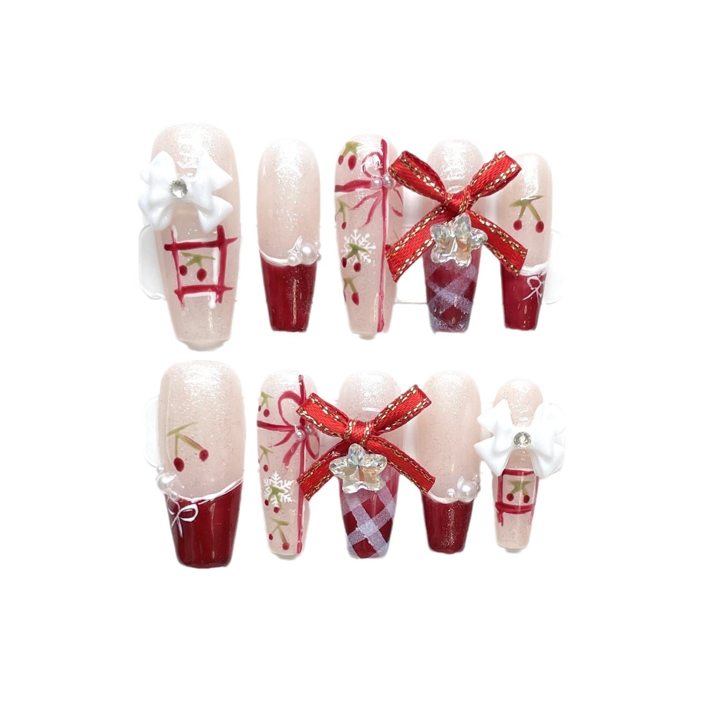 (reusable nail)Hot selling handmade nail art New Year gift, new butterfly cherry plaid nail art, wearing nail, handmade nail art, long style