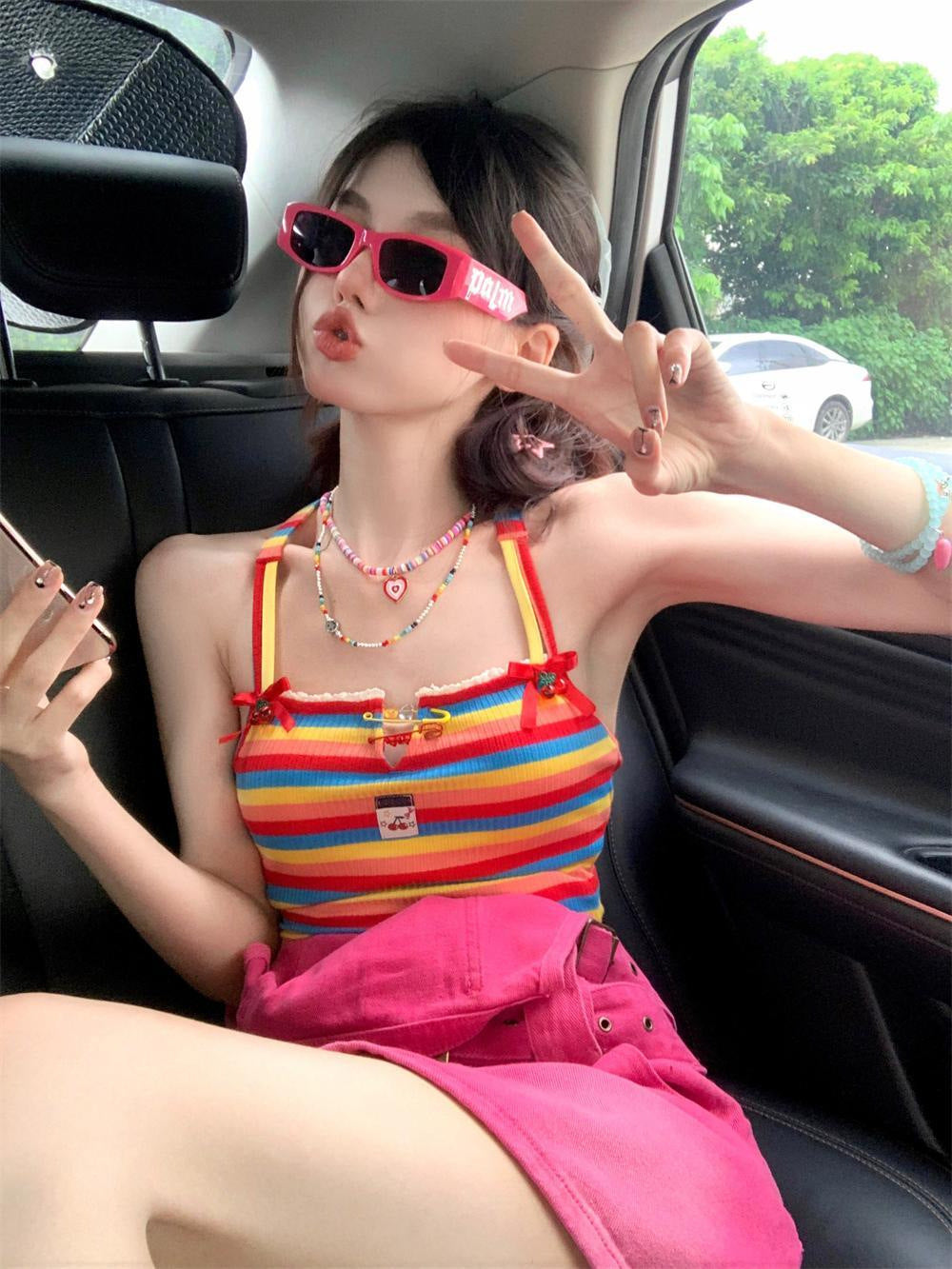 Dopamine tops Free shipping Tattoo Dopamine Sweet Babes Cross Strap Girls French Niche Suspender Vest Outside Sleeveless Striped Design Top
