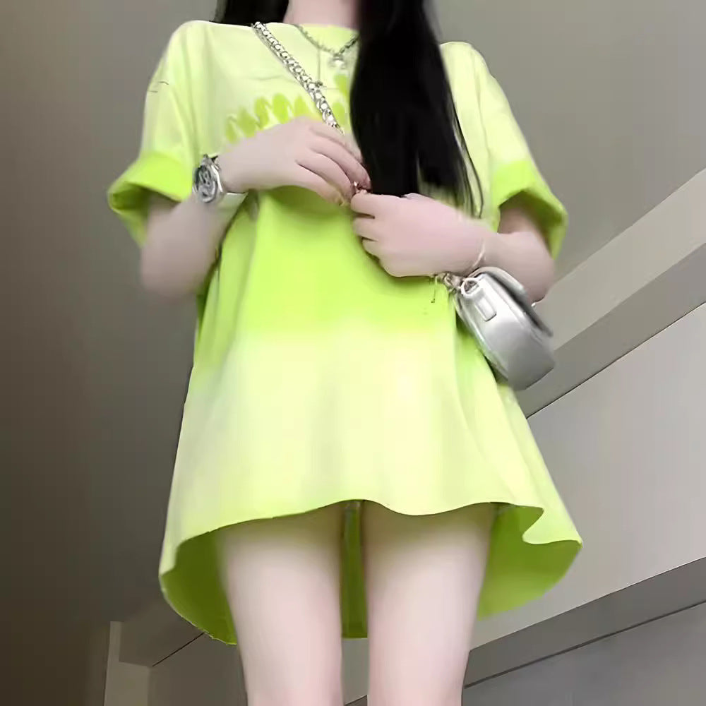 Dopamine tops Free shipping Tattoo Long green short-sleeved women's t-shirt summer design feeling fresh and loose big version top dopamine wear 7632