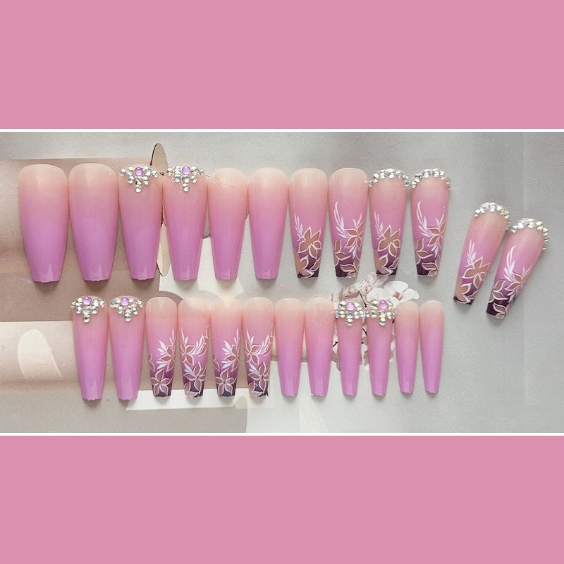 闪钻花朵穿戴甲粉色nails 渐变跨境美甲片外贸假指甲长甲美甲贴片