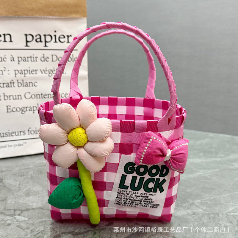 Dopamine Bag Free shipping Tattoo Cartoon dopamine plastic woven bag, trendy macaron hand-woven vegetable basket bag, cute casual seaside beach bag