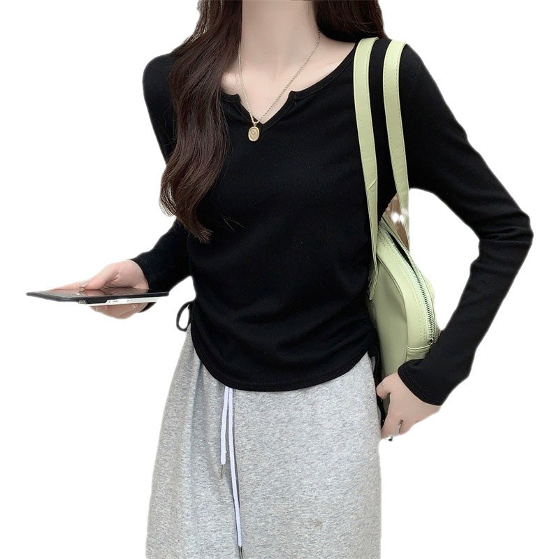 Dopamine tops Free shipping Tattoo V-neck drawstring niche slim long-sleeved T-shirt women's autumn slim-fit design chic short top with bottoming shirt