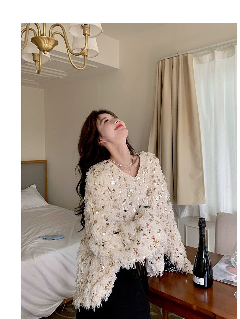 Fashion women's wear Real Shot Shiny Annual Meeting Festival Atmosphere Handmade Sequined Feather V-neck Sweater Spring Inner Wear Sweet Dress