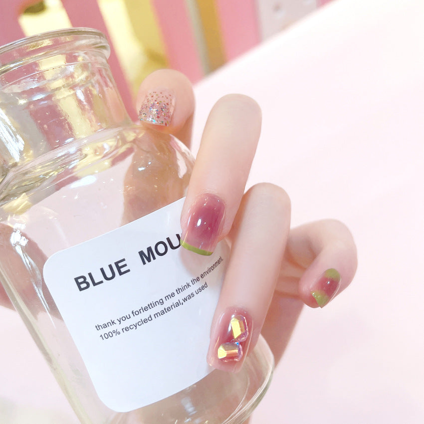 Fashion  nail Internet Celebrity Fake Nail Patch Wear Armor Finished Product Nail Tip Blush Cube Sugar Drill Nail Stickers Disassembly Nail Patch Y57