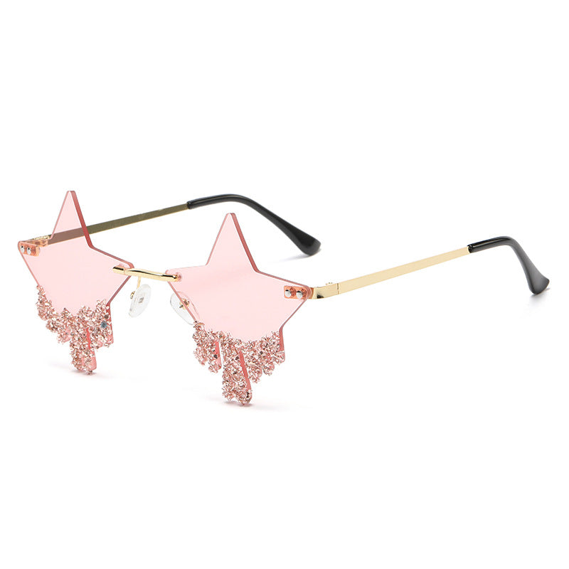 Women's fashion glasses 新款欧美五角星镶钻无框太阳镜女时尚个性夸张墨镜防紫外线