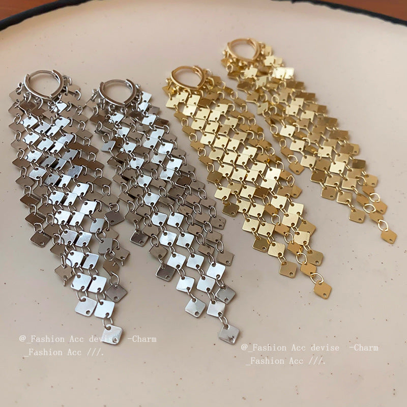 金属风亮片流苏长款耳扣欧美夸张设计感耳环简约高级感耳饰批发女
