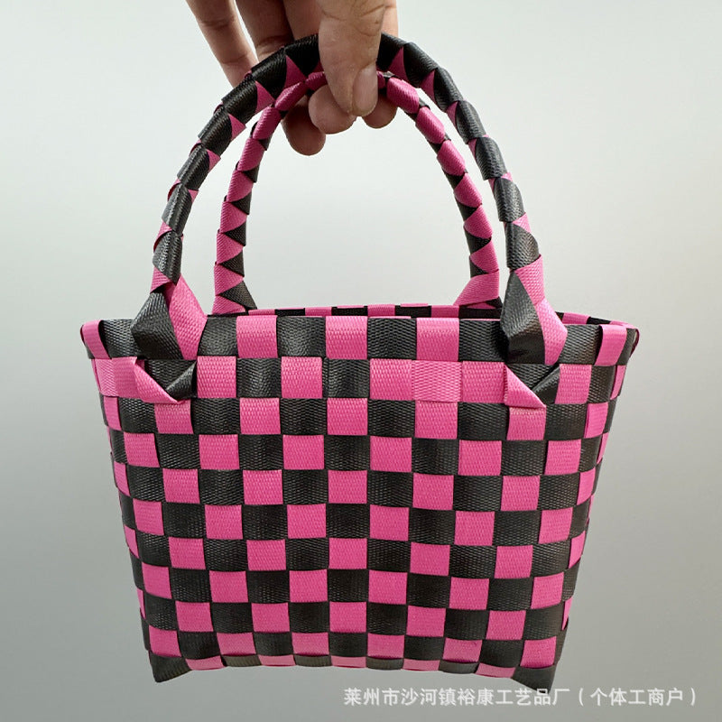 Dopamine Bag Free shipping Tattoo Cartoon dopamine plastic woven bag, trendy macaron hand-woven vegetable basket bag, cute casual seaside beach bag