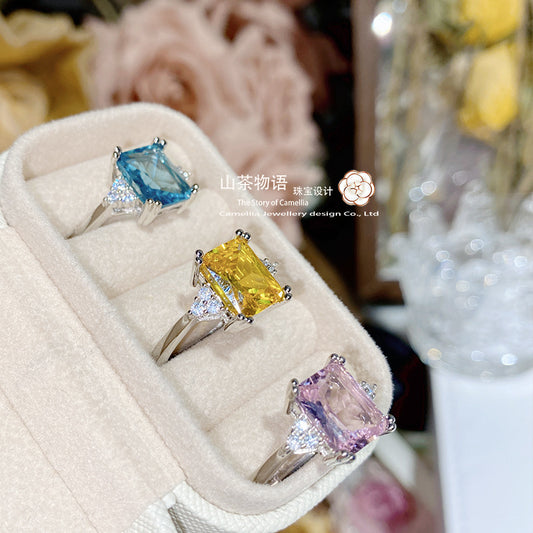 Camellia珠宝仿高碳彩宝手饰戒子 少女粉长方10*14百搭水晶戒指