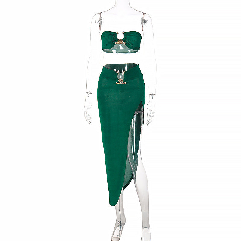 Fashion women's wear  Women's Clothing New Tube Top Open Navel Backless Top Sexy Slit Sheath Skirt Two-Piece Set