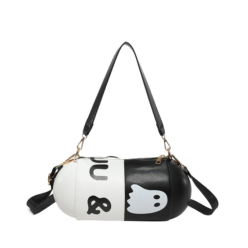 Dopamine Bag Free shipping Tattoo Women's bag new dopamine contrasting color trend cylindrical capsule bag European and American style personality funny single shoulder oblique span bag