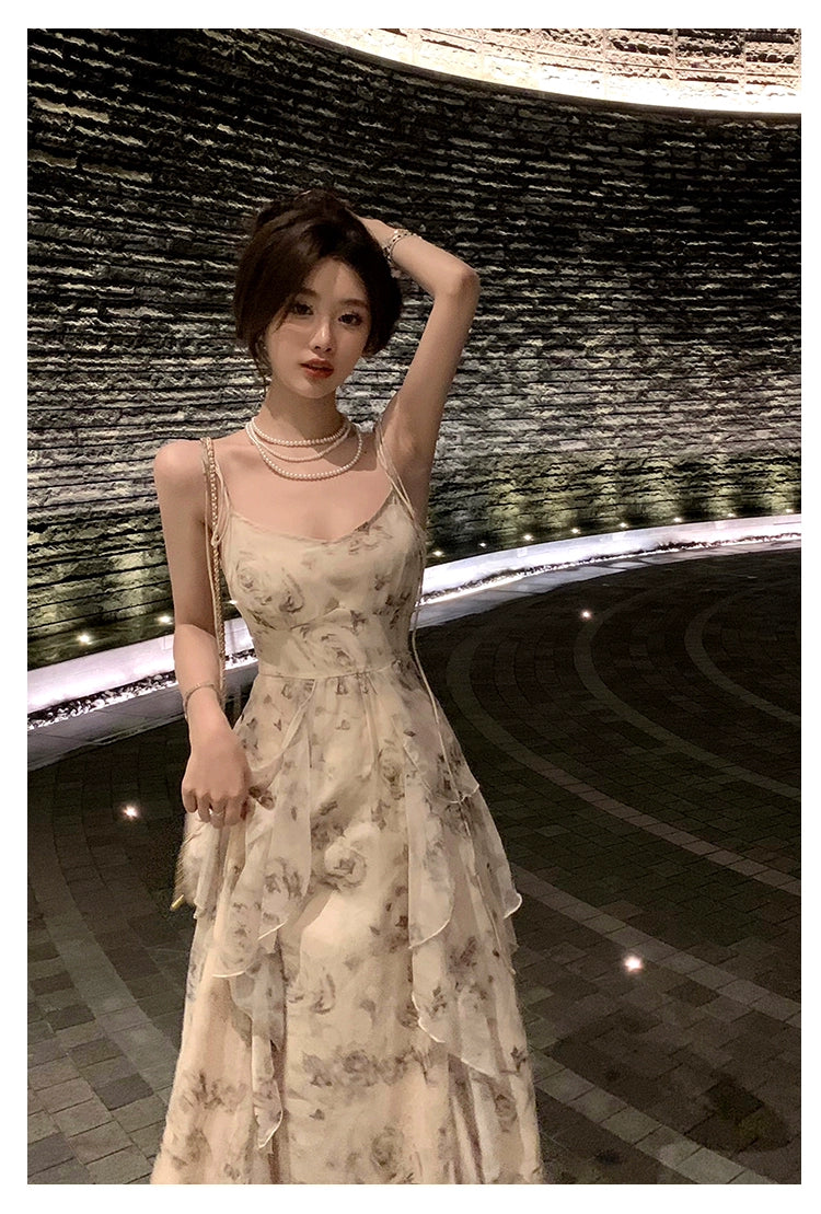 Fashion women's wear Phantom Fairy Ink Blue and White Suspender Dress Sanya Holiday Beach Skirt Irregular Ruffled Floral Dress